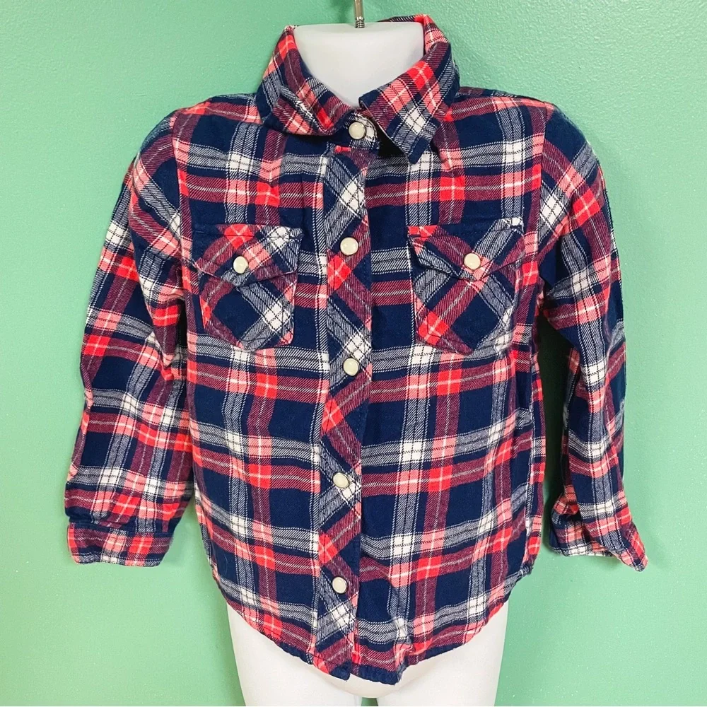 Carters Pink & Navy Plaid Flannel & Puffer Vest Outfit Toddler Girls Size 4T